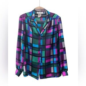 Mob wife  Blouse shirt Button Up 80s 90s sheer colorblock -10